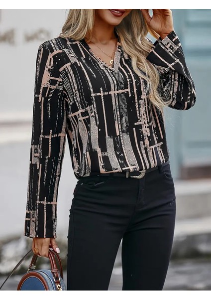 Mottisfashion Kadın Uzun Kollu V Yakalı Desenli Dalgıç Bluz fırsatları