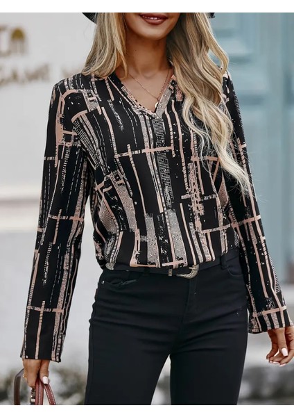 Mottisfashion Kadın Uzun Kollu V Yakalı Desenli Dalgıç Bluz