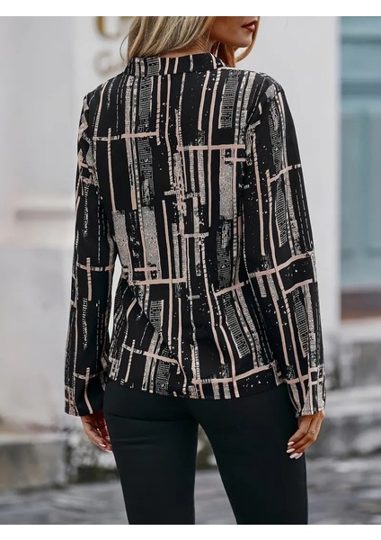 Mottisfashion Kadın Uzun Kollu V Yakalı Desenli Dalgıç Bluz