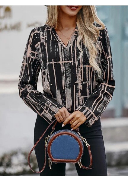Mottisfashion Kadın Uzun Kollu V Yakalı Desenli Dalgıç Bluz