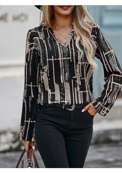 Mottisfashion Kadın Uzun Kollu V Yakalı Desenli Dalgıç Bluz