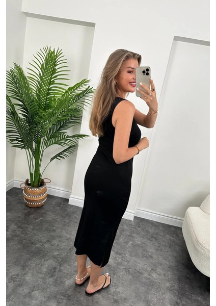 Mottisfashion Kadın Çift Yırtmaç Detaylı Sıfır Kol Midi Boy Elbise modelleri