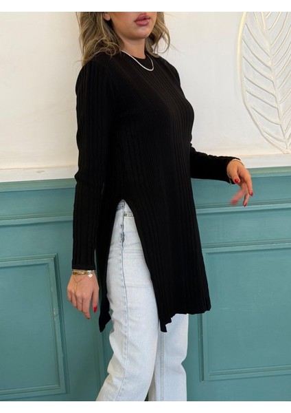 Mottisfashion Kadın Uzun Kollu Bisiklet Yaka Iki Yandan Yırtmaç Detay Triko Bluz fiyatları