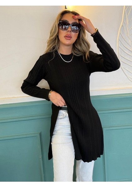 Mottisfashion Kadın Uzun Kollu Bisiklet Yaka Iki Yandan Yırtmaç Detay Triko Bluz indirimleri