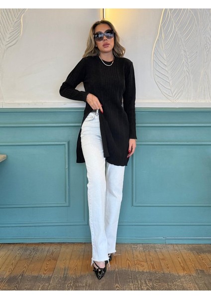 Mottisfashion Kadın Uzun Kollu Bisiklet Yaka Iki Yandan Yırtmaç Detay Triko Bluz