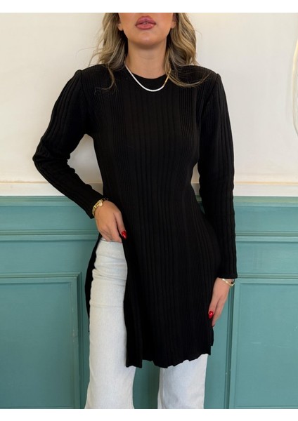 Mottisfashion Kadın Uzun Kollu Bisiklet Yaka Iki Yandan Yırtmaç Detay Triko Bluz