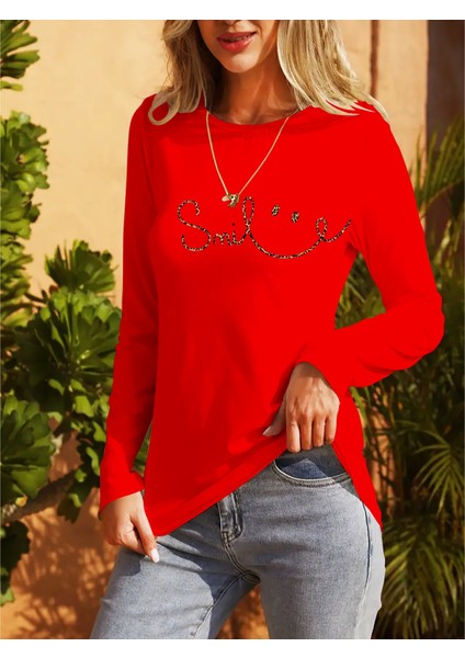 Mottisfashion Kadın Uzun Kollu Bisiklet Yaka Gülümseyen Surat Desenli Viskon Bluz