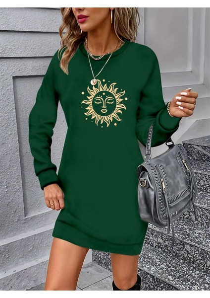 Mottisfashion Kadın Uzun Kollu Bisiklet Yaka Güneş Desenli Viskon Iki Iplik Elbise