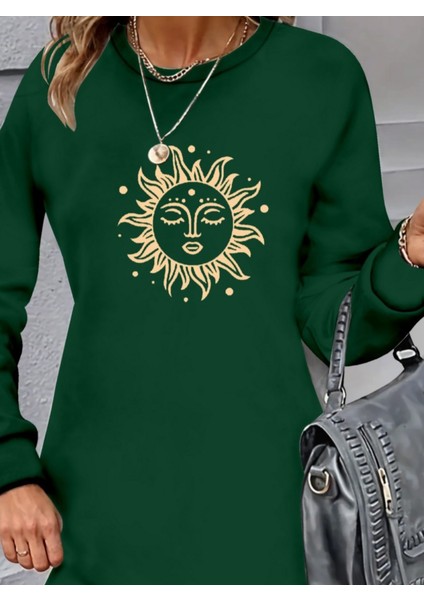 Mottisfashion Kadın Uzun Kollu Bisiklet Yaka Güneş Desenli Viskon Iki Iplik Elbise