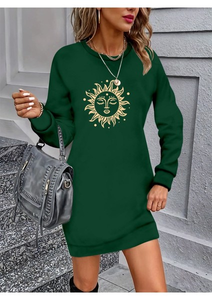 Mottisfashion Kadın Uzun Kollu Bisiklet Yaka Güneş Desenli Viskon Iki Iplik Elbise