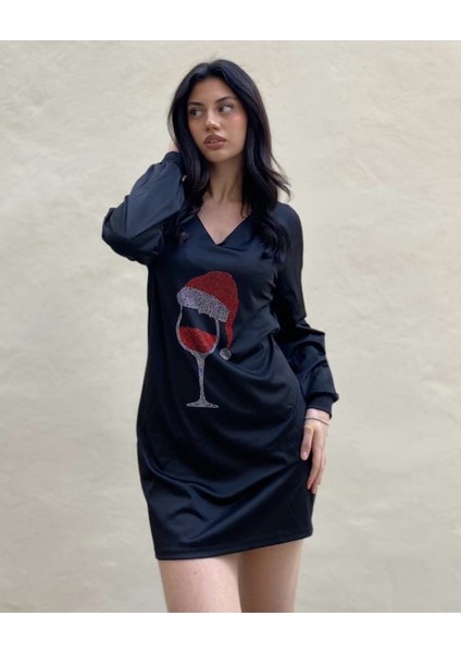 Mottisfashion Kadın Uzun Kollu V Yaka Baskılı Dalgıç Kumaş Elbise