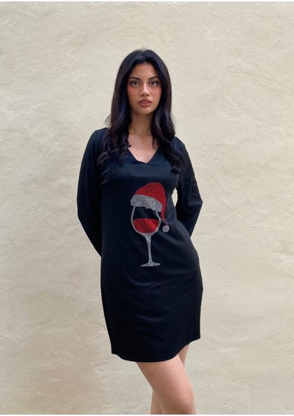 Mottisfashion Kadın Uzun Kollu V Yaka Baskılı Dalgıç Kumaş Elbise