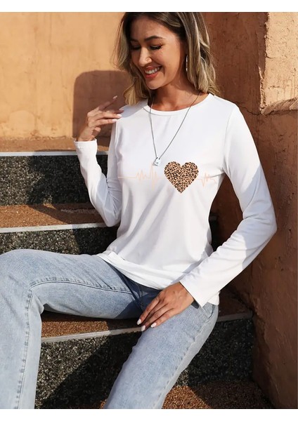 Mottisfashion Kadın Uzun Kollu Bisiklet Yaka Kalp Desenli Bluz