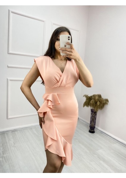 Mottisfashion Scuba Kumaş Önü Fırfırlı Midi Boy Elbise
