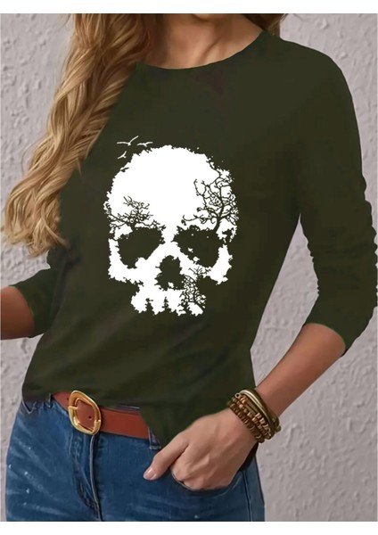 Mottisfashion Kadın Uzun Kollu Bisiklet Yaka Kurukafa Desenli Viskon Bluz modelleri