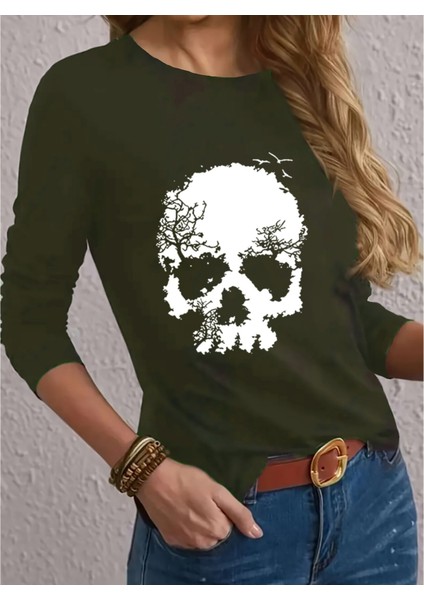 Mottisfashion Kadın Uzun Kollu Bisiklet Yaka Kurukafa Desenli Viskon Bluz