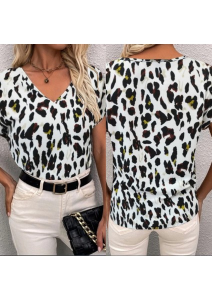 Mottisfashion Kadın Kısa Kollu V Yaka Leopar Desen Krep Bluz modelleri