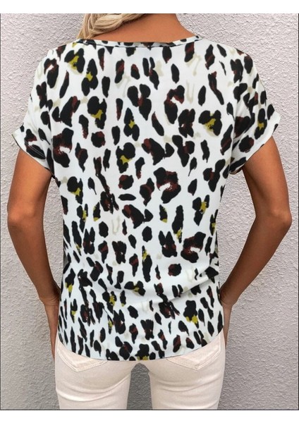 Mottisfashion Kadın Kısa Kollu V Yaka Leopar Desen Krep Bluz