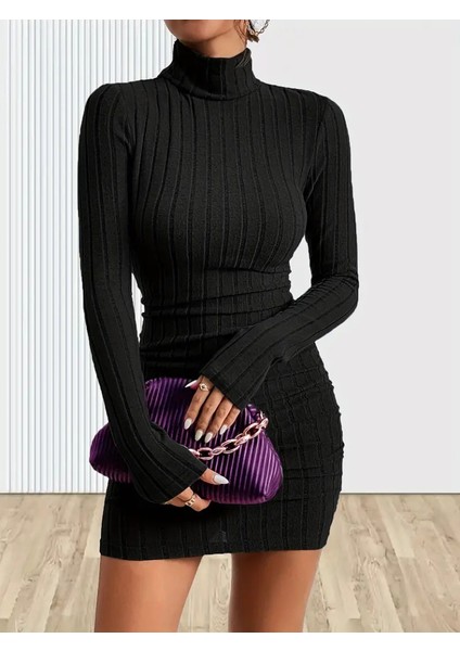 Mottisfashion Kadın Uzun Kollu Balıkçı Yaka Kısa Şardonlu Kaşkorse Elbise