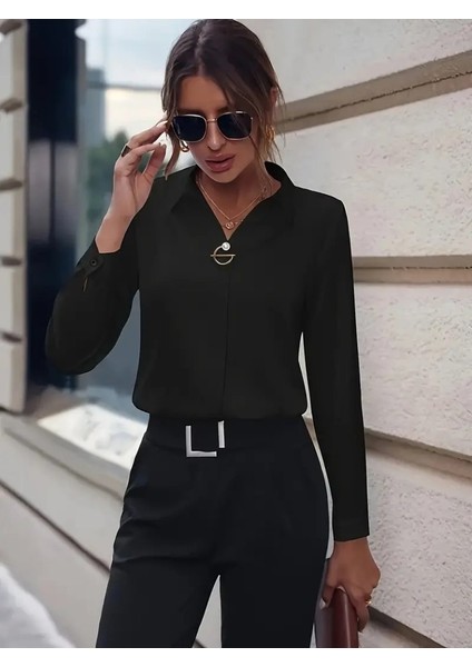 Mottisfashion Kadın Uzun Kollu Yakalı Trikoton Gömlek
