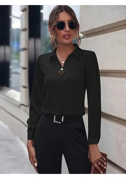 Mottisfashion Kadın Uzun Kollu Yakalı Trikoton Gömlek