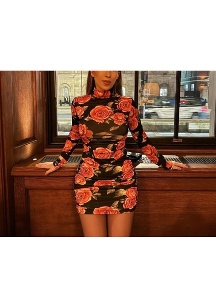Mottisfashion Kadın Balıkçı Yaka Gül Baskılı Fırsat Ürün Mini Elbise