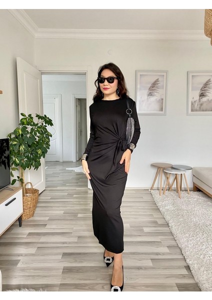 Mottisfashion Kadın Uzun Kollu Bisiklet Yaka Belden Çapraz Bağlamalı Yandan Yırtmaçlı Uzun Viskon Iki Iplik Elbise