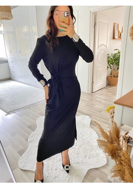 Mottisfashion Kadın Uzun Kollu Bisiklet Yaka Belden Çapraz Bağlamalı Yandan Yırtmaçlı Uzun Viskon Iki Iplik Elbise