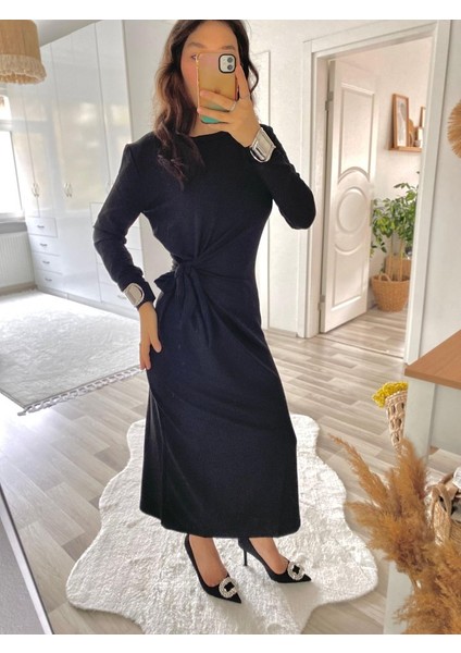 Mottisfashion Kadın Uzun Kollu Bisiklet Yaka Belden Çapraz Bağlamalı Yandan Yırtmaçlı Uzun Viskon Iki Iplik Elbise