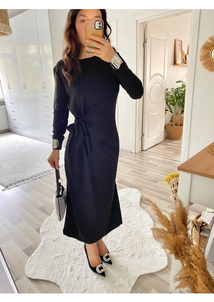 Mottisfashion Kadın Uzun Kollu Bisiklet Yaka Belden Çapraz Bağlamalı Yandan Yırtmaçlı Uzun Viskon Iki Iplik Elbise