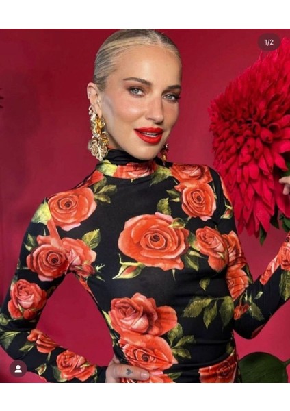 Mottisfashion Kadın Balıkçı Yaka Gül Baskılı Fırsat Ürün Mini Elbise