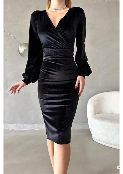 Mottisfashion Kadın Kadife Kumaş Kruvaze Yaka Balon Kol ve Yırtmaç Detaylı Midi Boy Elbise