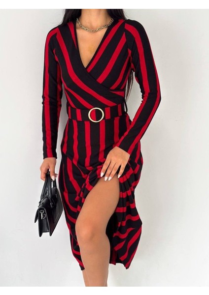 Mottisfashion Kadın Akrilik Kumaş Kruvaze Yaka Kemerli Uzun Kollu Çizgili Midi Boy Elbise