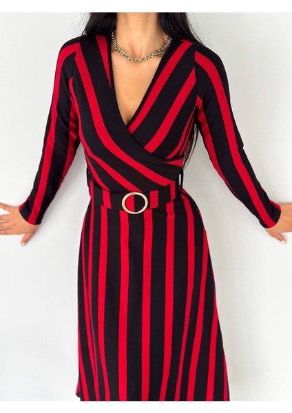 Mottisfashion Kadın Akrilik Kumaş Kruvaze Yaka Kemerli Uzun Kollu Çizgili Midi Boy Elbise modelleri