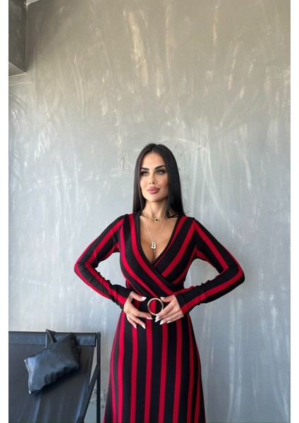 Mottisfashion Kadın Akrilik Kumaş Kruvaze Yaka Kemerli Uzun Kollu Çizgili Midi Boy Elbise fırsatları
