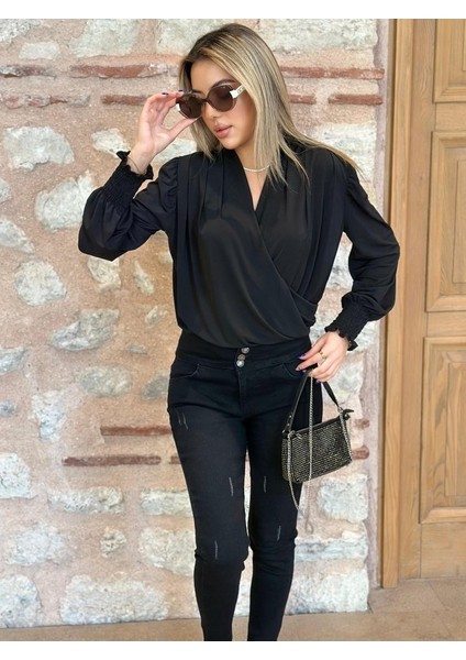 Mottisfashion Kadın Uzun Kollu Dökümlü Kruvaze Yaka Kol Ucu Gipeli Sandy Bluz