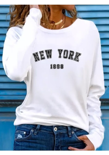 Mottisfashion Kadın Uzun Kollu Bisiklet Yaka Yazı Baskılı Viskon Bluz