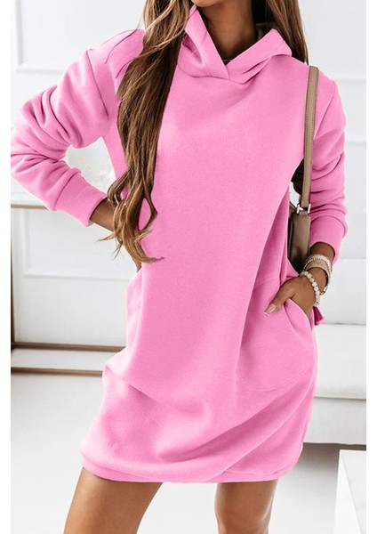 Mottisfashion Kadın Uzun Kollu Kapşonlu Kısa Iki Iplik Elbise