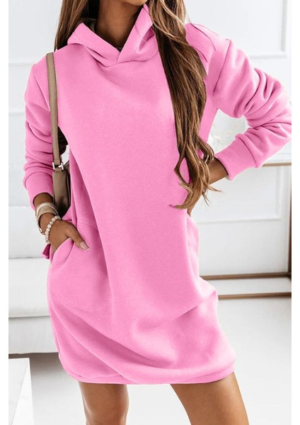 Mottisfashion Kadın Uzun Kollu Kapşonlu Kısa Iki Iplik Elbise