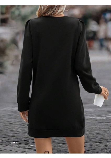Mottisfashion Kadın Uzun Kollu Bisiklet Yaka Iki Iplik Elbise