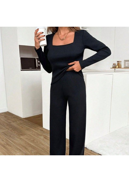 Mottisfashion Kadın Uzun Kollu Kare Yaka Bluz ve Ispanyol Paça Pantolon Ikili Takım fiyatları