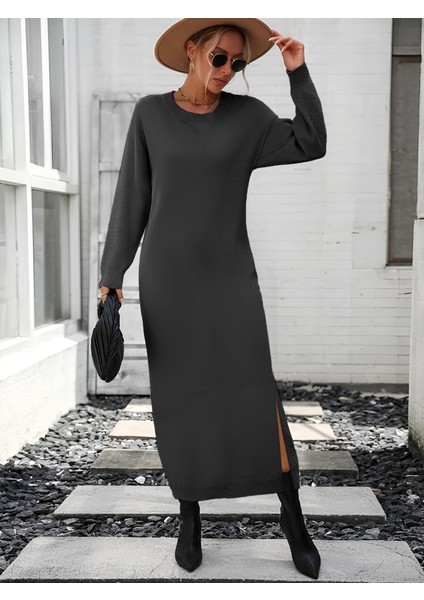 Mottisfashion Kadın Uzun Kollu Bisiklet Yaka Yırtmaç Detay Triko Midi Boy Elbise