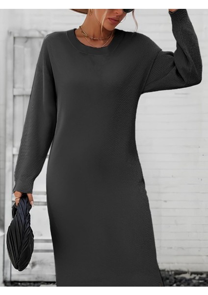 Mottisfashion Kadın Uzun Kollu Bisiklet Yaka Yırtmaç Detay Triko Midi Boy Elbise modelleri