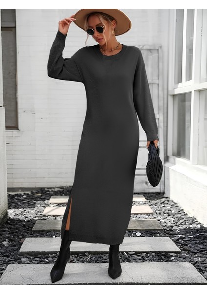 Mottisfashion Kadın Uzun Kollu Bisiklet Yaka Yırtmaç Detay Triko Midi Boy Elbise indirimleri