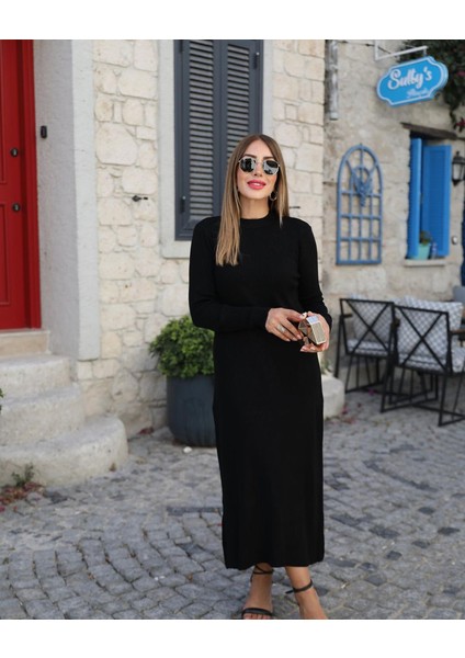 Mottisfashion Kadın Uzun Kollu Yarı Balıkçı Yaka Arkadan Pencere Detaylı Bağcıklı Midi Triko Elbise