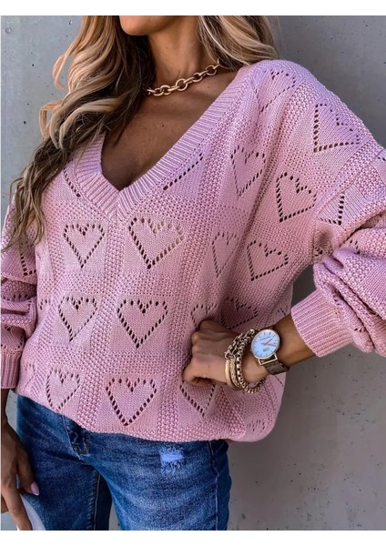 Mottisfashion Kadın Uzun Kollu V Yakalı Kalpli Salaş Triko Bluz