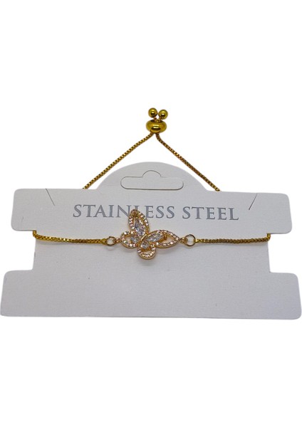 Altın Renk Kelebek Asansör Çelik Bileklik - 3632