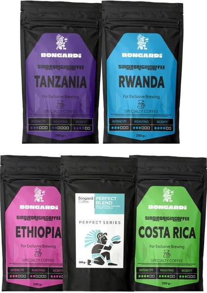 5X200 Gram Tanzanya Ruanda Kosta Rika Honduras Perfect Blend Filtre Kahve Seti