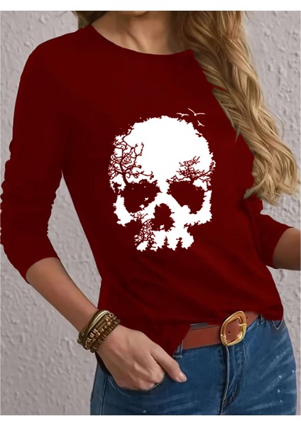 Mottisfashion Kadın Uzun Kollu Bisiklet Yaka Kurukafa Desenli Viskon Bluz