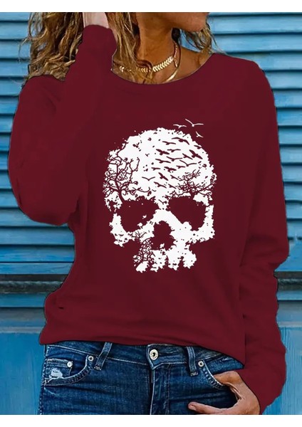 Mottisfashion Kadın Uzun Kollu Bisiklet Yaka Kurukafa Desenli Viskon Bluz fiyatları